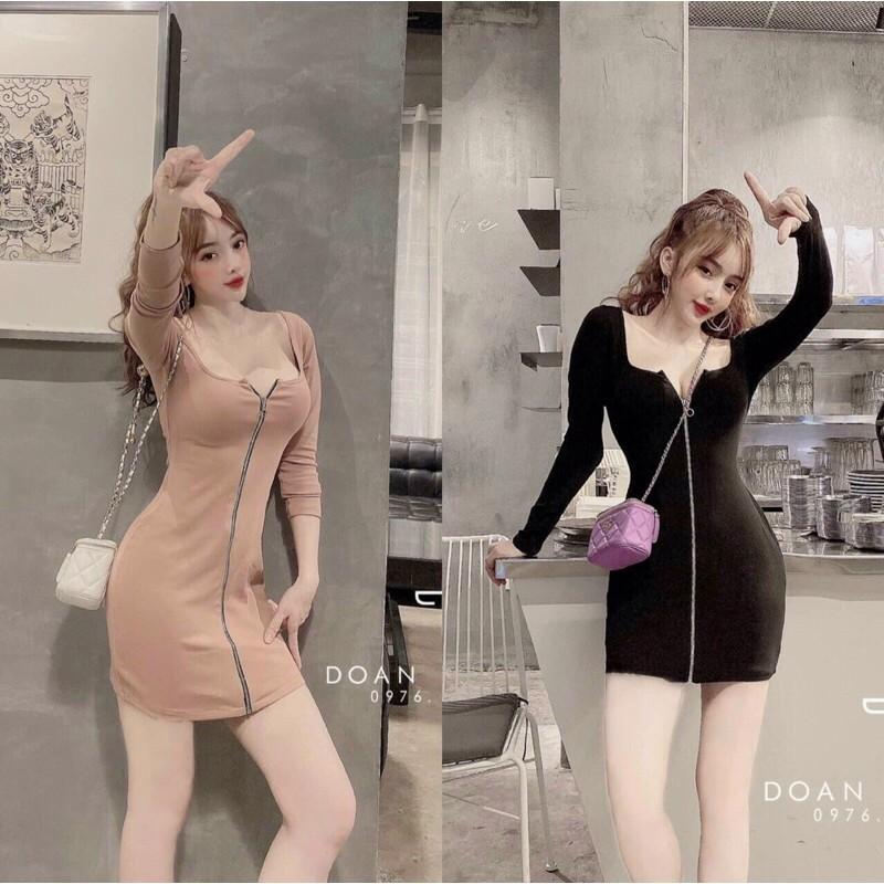 Đầm Body Cổ Vuông TD Xỏ Ngón Kéo Khoá Ngực Sexy