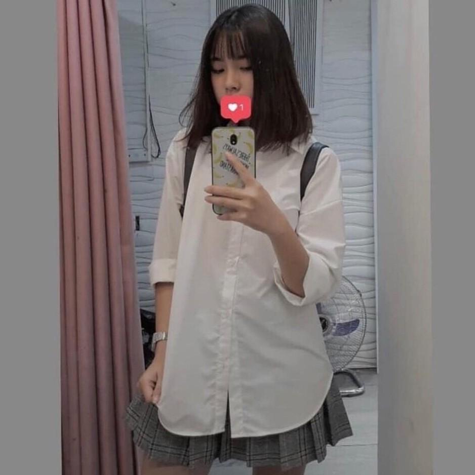 Áo sơ mi trắng dài tay chất lụa hàn oversize, sơ mi trắng basic