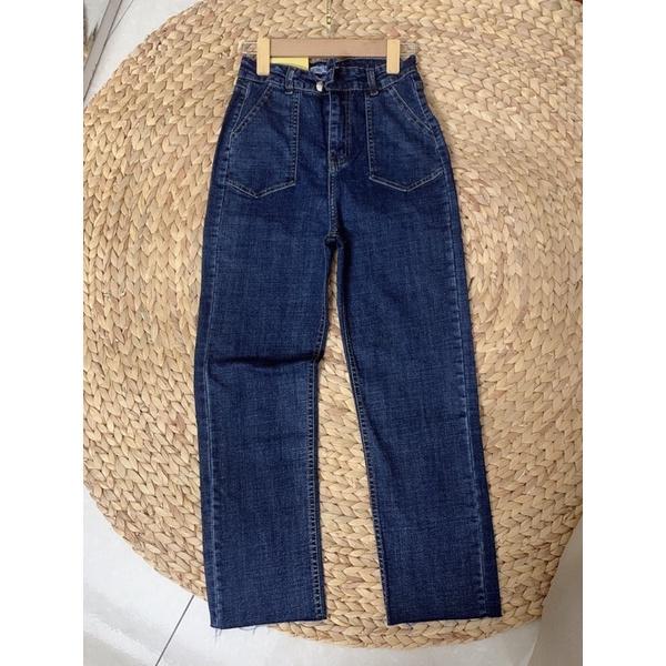 Quần jeans nữ ống đứng cạp cao túi trước có giãn kiểu dáng Hàn Quốc