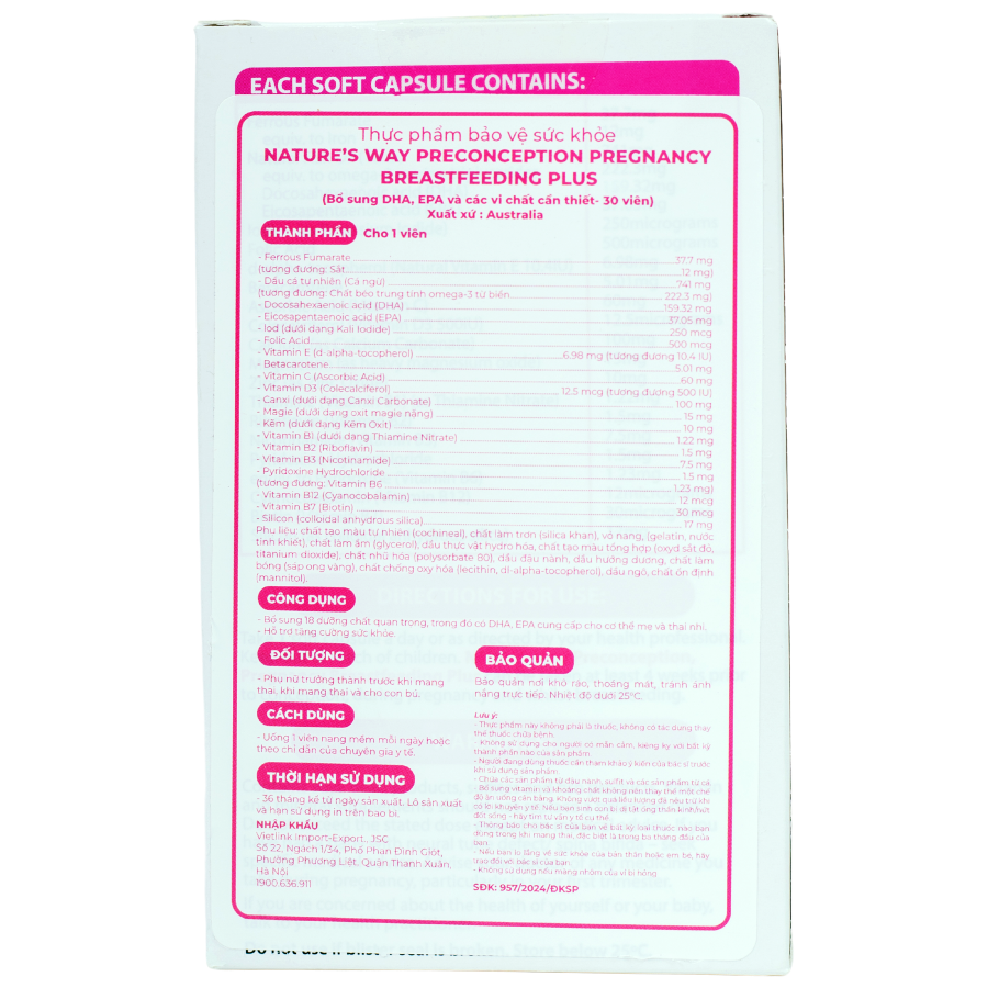Nature's Way PreConception Pregnancy Breastfeeding Plus - Bổ sung vitamin tổng hợp cho bà bầu (Hộp 3 vỉ x 10 viên)