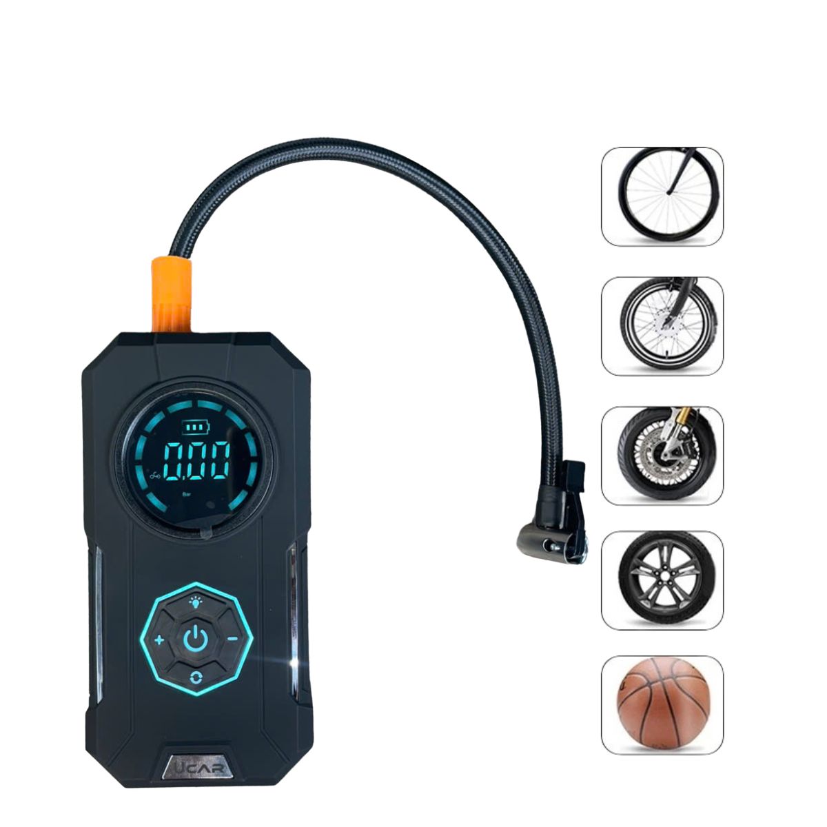 Máy bơm lốp xe máy, xe ô tô, xe đạp, bơm bóng UCAR I-01, pin sạc nhỏ gọn, tự động dừng khi đủ áp suất, có đèn LED
