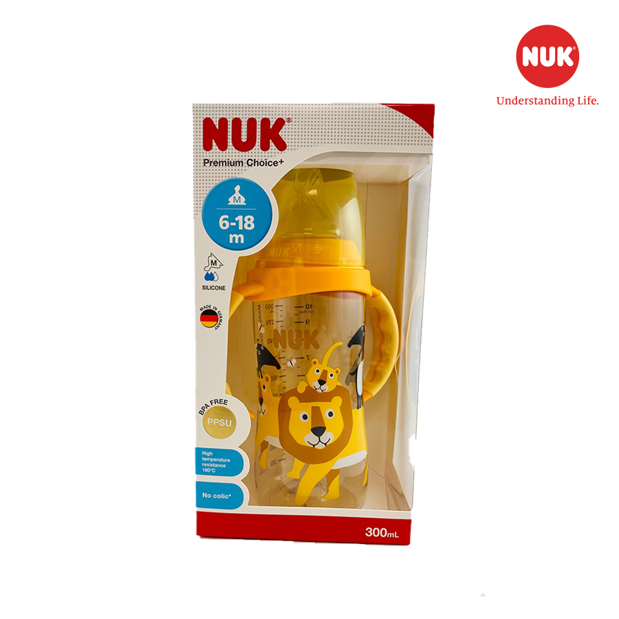 BÌNH SỮA NUK PREMIUM CHOICE+ NHỰA PPSU 300ML NÚM TI S2-M CÓ TAY CẦM (ANIMALS) ( Màu ngẫu nhiên )