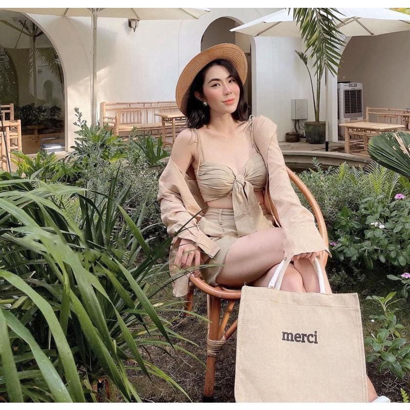 Sét bộ 3 món nữ croptop 2 dây quần đùi from rộng kèm áo khoác sơ mi duyên dáng DSS987