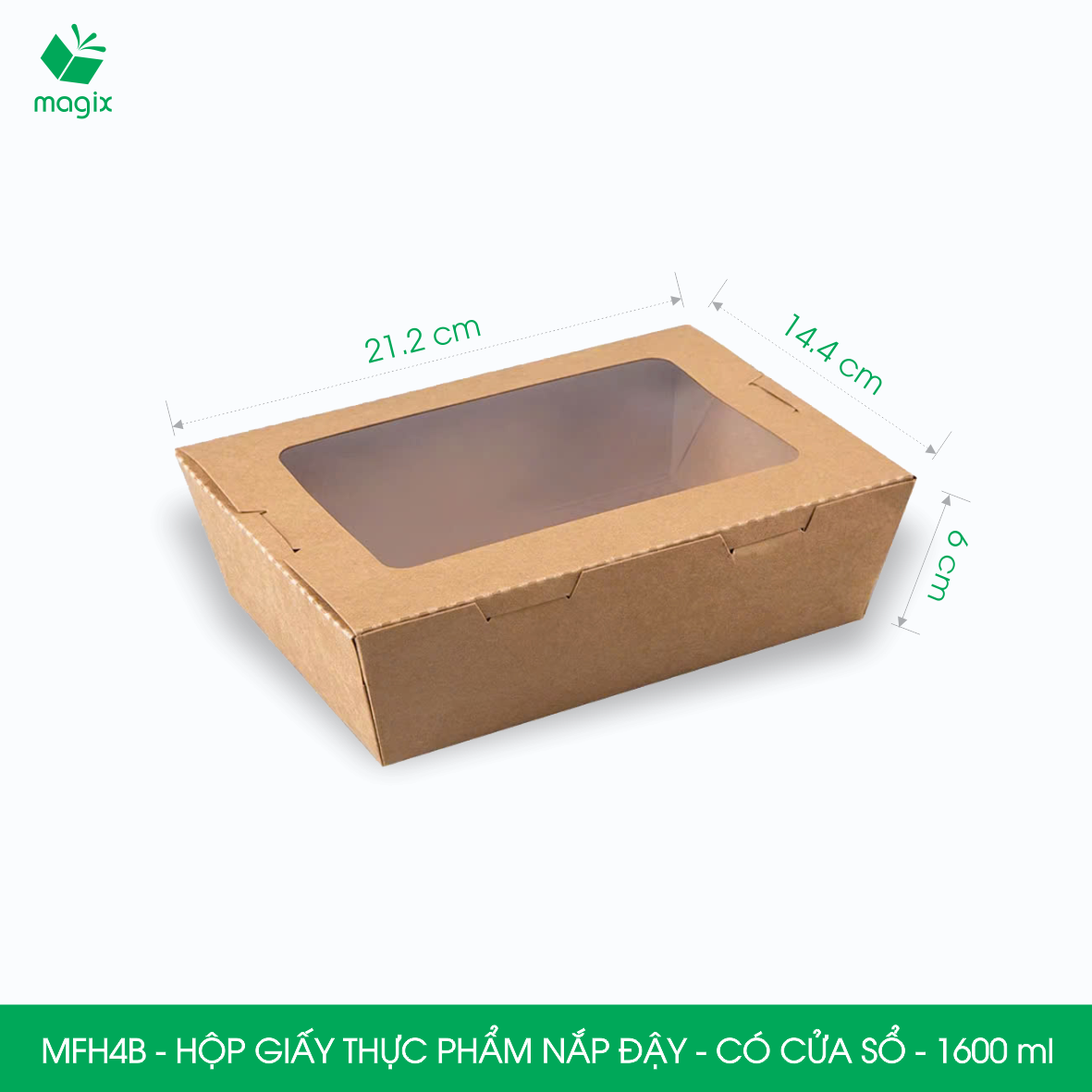 MFH4B - 1600ml - 50 hộp giấy kraft đựng thực phẩm, hộp giấy đựng thức ăn có cửa sổ, hộp đựng cơm