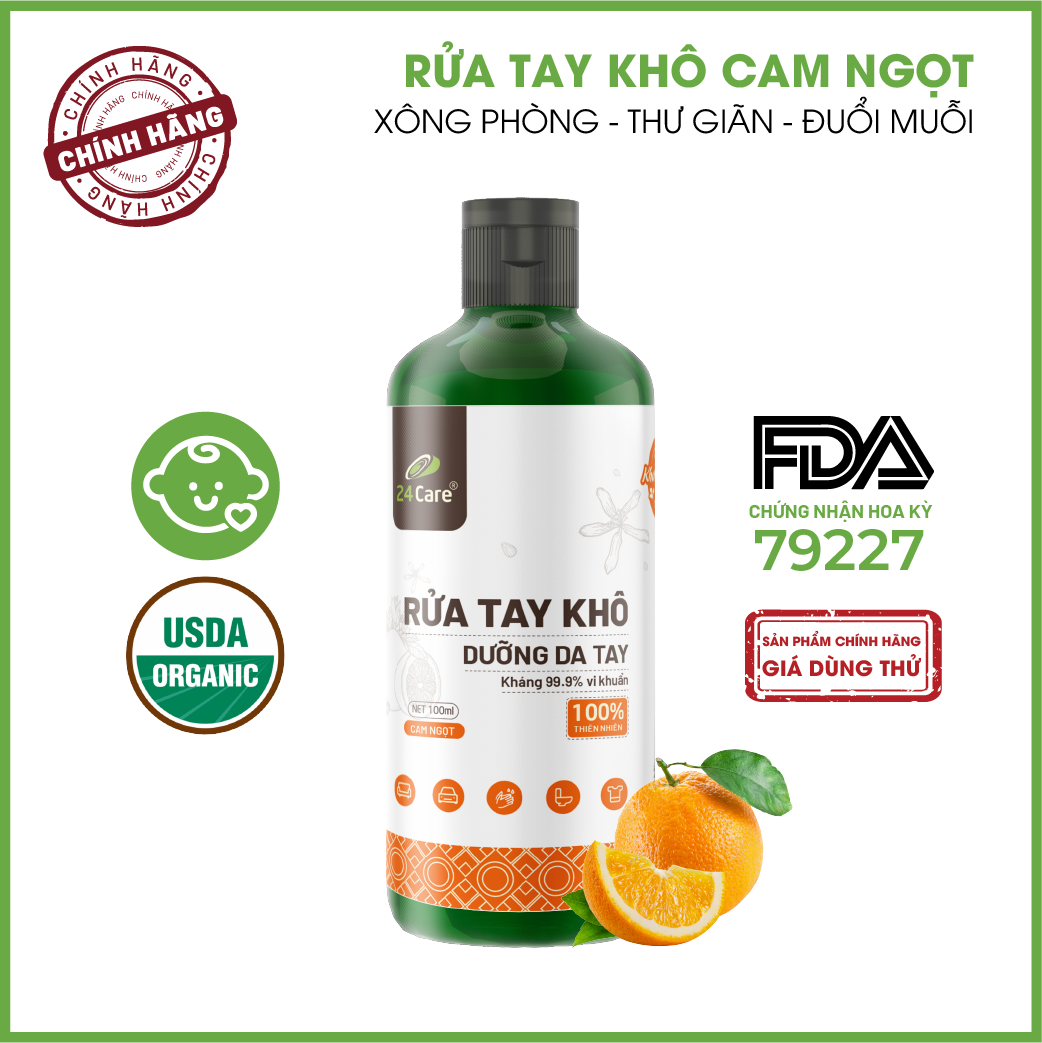 [FDA Verified] Nước rửa tay khô tinh dầu Cam Ngọt 24Care - Có chứng nhận diệt khuẩn 99,9% đạt tiêu chuẩn FDA