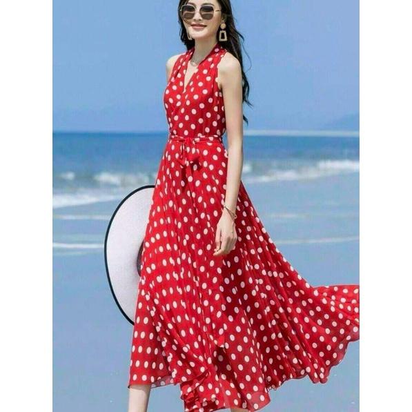 ĐẦM MAXI CHẤM BI CỔ V