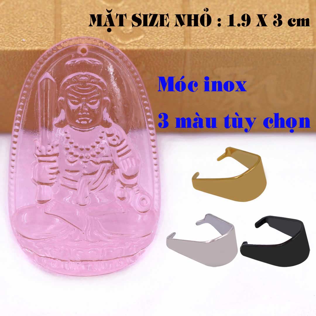 Mặt Phật Bất động minh vương pha lê hồng 1.9cm x 3cm kèm móc dây chuyền inox vàng, Phật bản mệnh, mặt dây chuyền Phật giáo