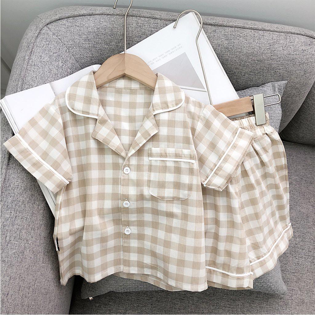 Bộ Pijama Kẻ Caro Cộc Tay Cho Bé SUMO KIDS, Đồ Bộ Bé Trai, Gái Mặc Đều Xinh Chất Thô Đũi Cho Bé Từ 6-27kg