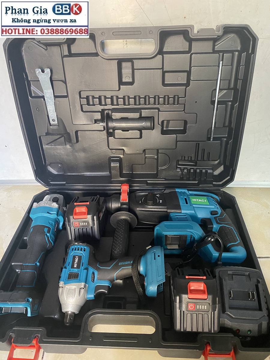 Bộ Combo 3 Trong 1 Gồm Máy Khoan Đục Bê Tông, Máy Mài Và Máy Siết Bulong Dùng Pin 199V, 2 Pin 15 Cell, Động Cơ Không Chổi Than 100% Lõi Đồng
