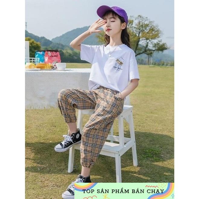 Set bộ thể thao bé gái size đại áo in gấu thun cotton quần caro bo lai cá tính mềm mát cho bé 10-50kg