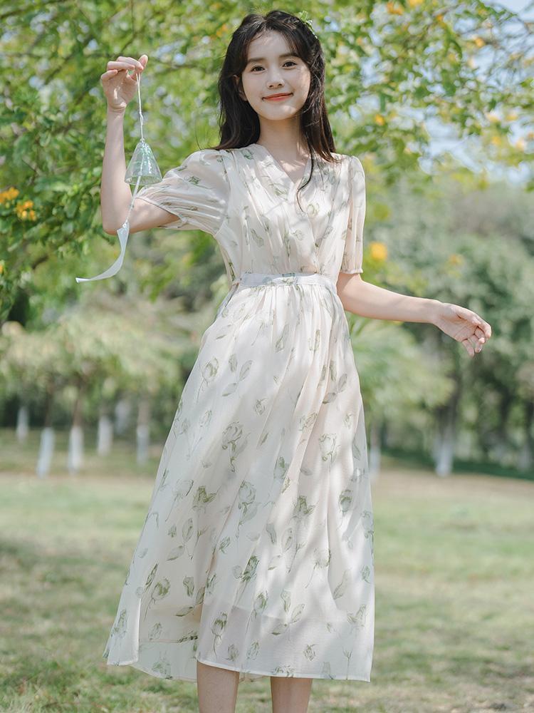 TOBE1SHOP Pháp nhỏ làm mới váy ngọt ngào thắt lưng ren-up trà nghỉ váy dài mùa hè hoa đầm phụ nữ