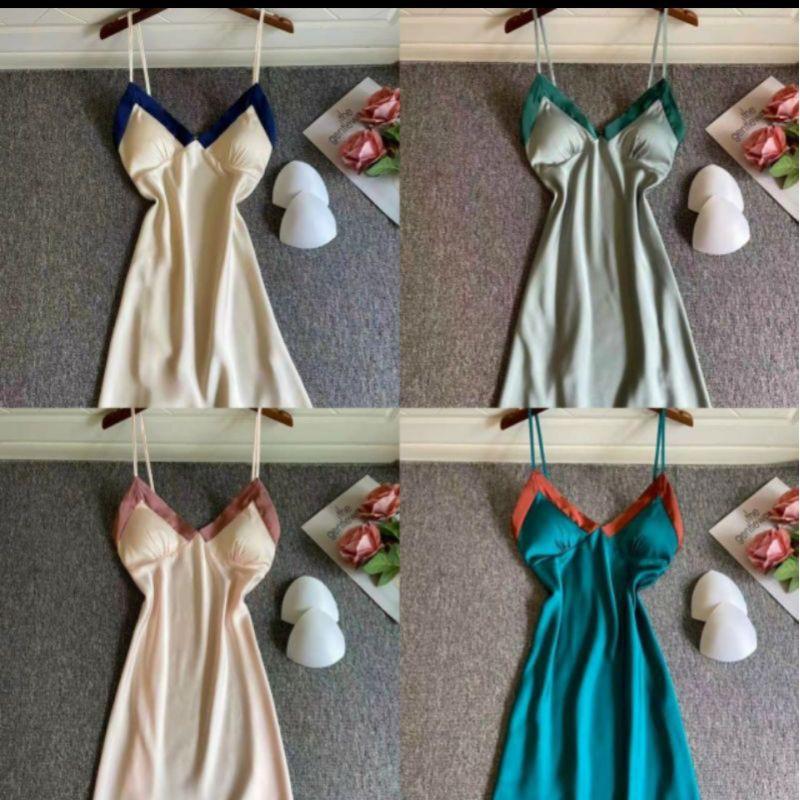 Set váy choàng váy ngủ lụa trơn viền sang trọng xinh xắn tặng kèm chip ren xinh xắn dễ thương