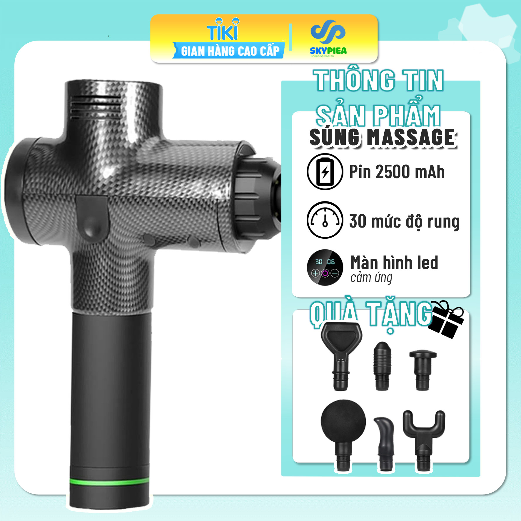Máy Massage Cầm Tay- Massage toàn thân - 6 đầu massage- 30 mức độ rung, pin sử dụng 2h -Hỗ Trợ Mát Xa Chuyên Sâu, Giảm Đau Cơ, Cứng Khớp