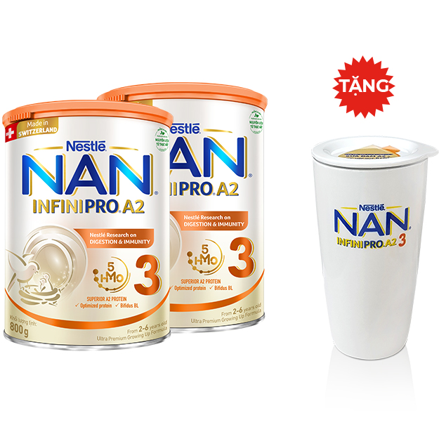 Combo 2 Lon Sữa Bột Nestlé NAN INFINIPRO A2 3 Cho Trẻ Từ 2-6 Tuổi Hộp 800g - Tặng Ly Sứ Cao Cấp