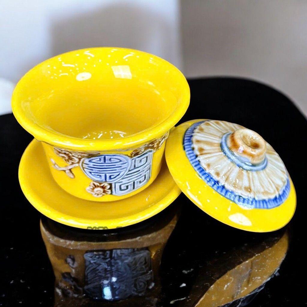 Bát Sâm Đắp Nổi Đào Thọ Men Vàng RỒNG VIỆT– Chén Thờ Gốm Sứ Bát Tràng Cao Cấp