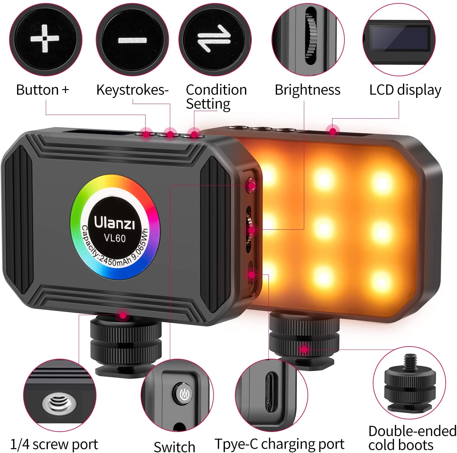 ULANZI VL60 RGB (2500-9000K), Đèn LED đổi màu, 20 hiệu ứng đặc biệt, Pin 2450mAh - Hàng Chính Hãng