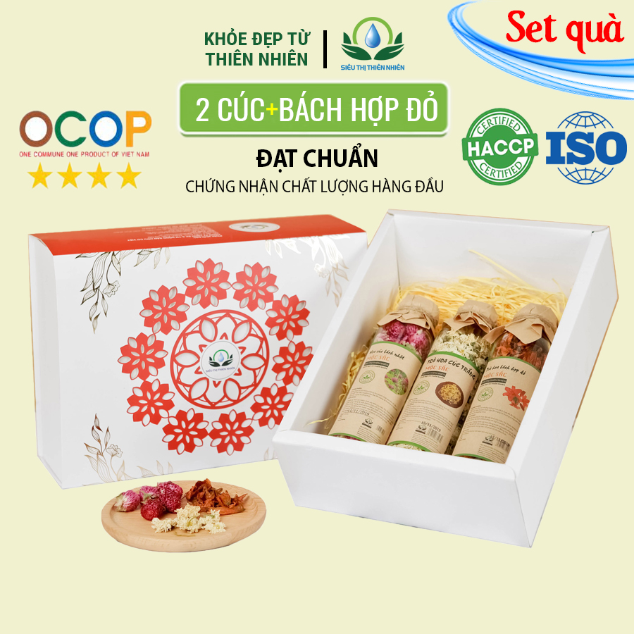 Hộp quà tặng trà hoa cao cấp - Set 7: Trà hoa bách nhật, Cúc trắng, Bách hợp đỏ