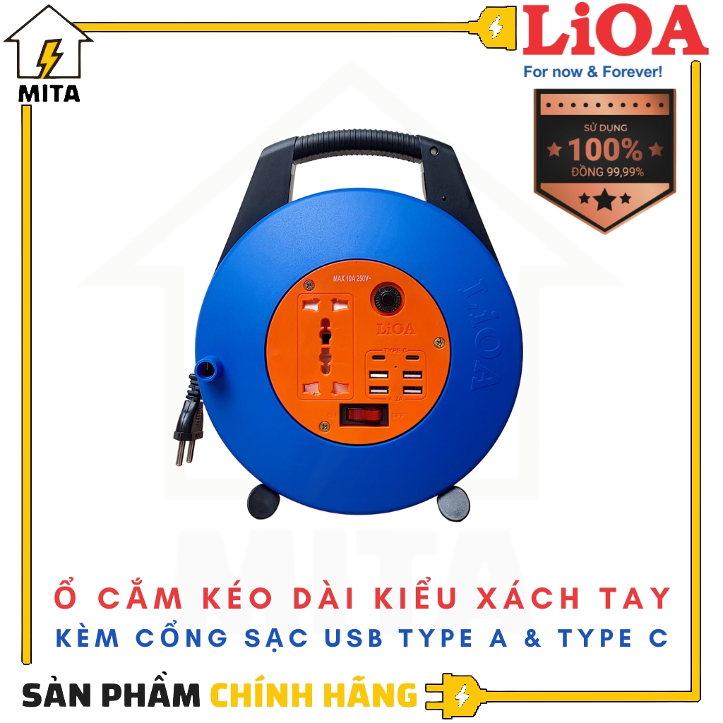 Ổ cắm điện LiOA kiểu xách tay có cổng sạc USB 20W dây dài 10m công suất 10A/15A