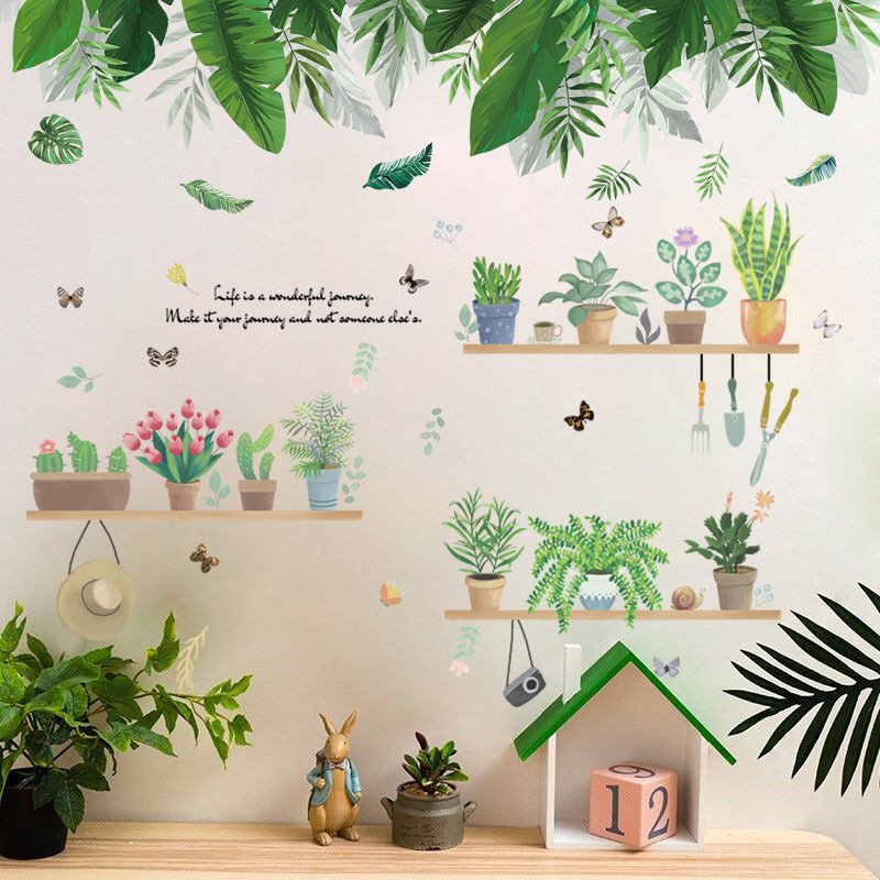 Decal dán tường chậu cây lá xanh nhiệt đới tươi mát