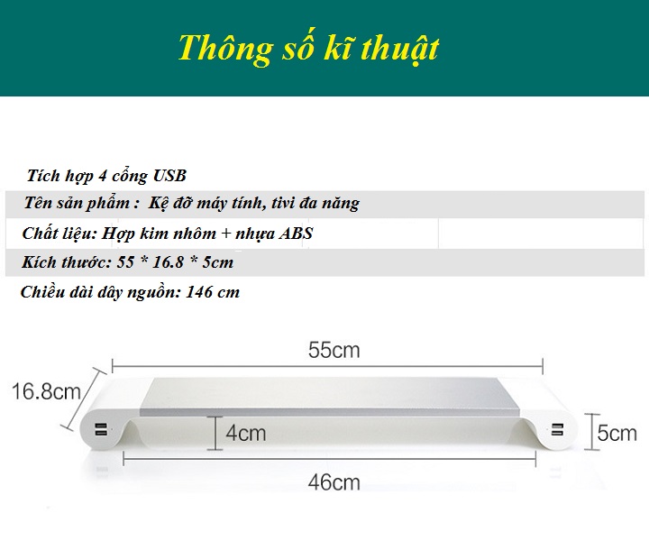 Kệ đỡ màn hình máy tính ( CHÂN ĐẾ CHỐNG TRƯỢT, BỐN CỔNG USB ) - Tặng kèm 01 móc khóa tô vít ba chức năng