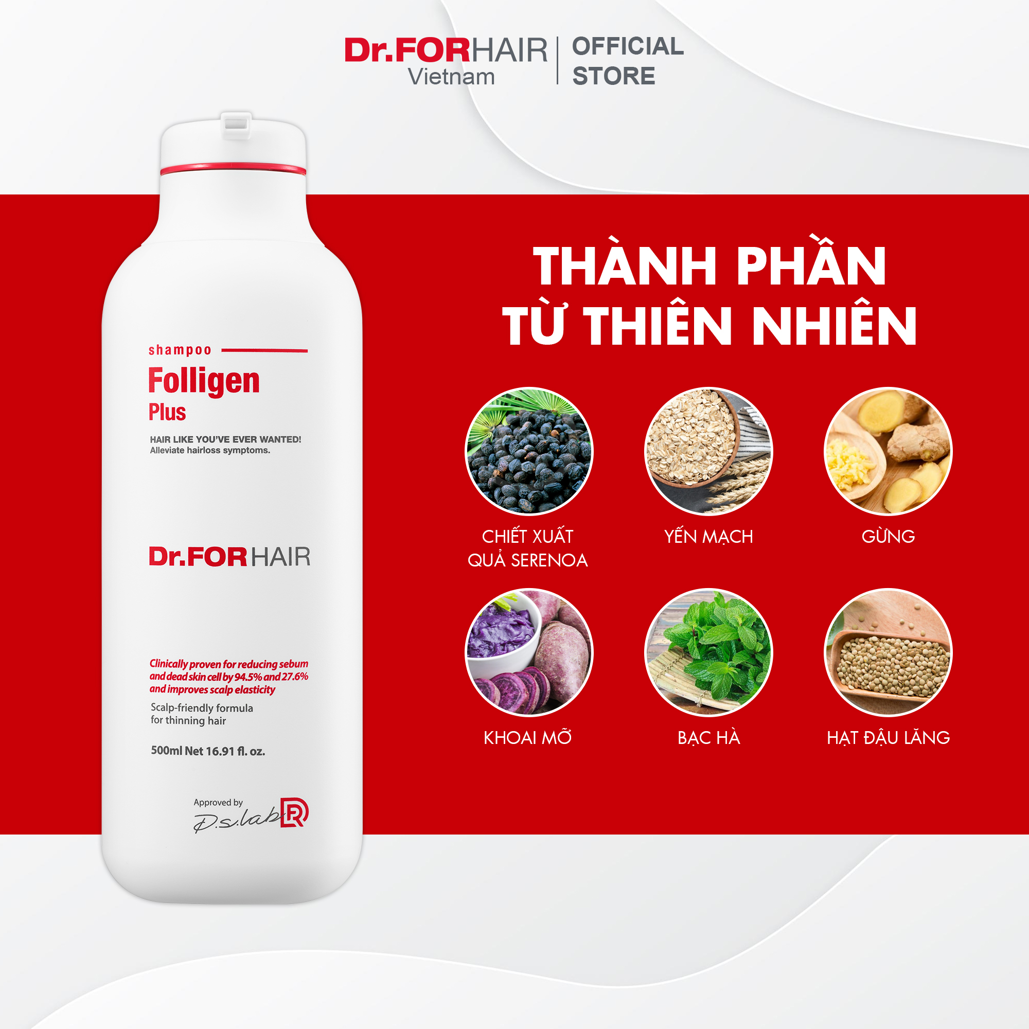 Bộ gội xả dưỡng tóc sạch gàu giảm rụng và suôn mượt tóc Dr.FORHAIR Folligen Plus 500ml x Scalp Pack 250ml x Sea Salt 300g