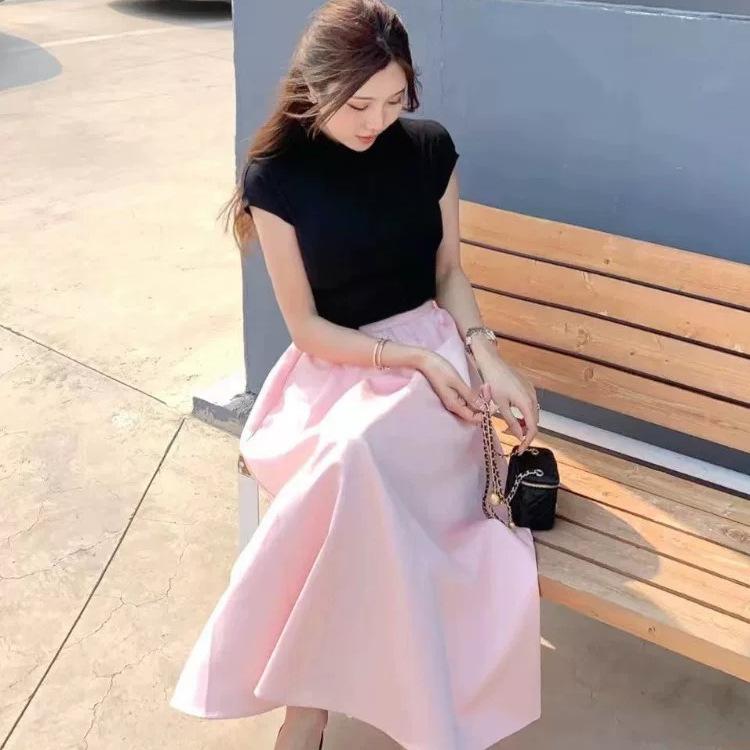 TOBE1SHOP Pháp Hepburn phong cách màu hồng nửa người váy nữ mùa hè eo cao váy dài chữ A nửa váy rộng dù váy nhỏ mùa hè