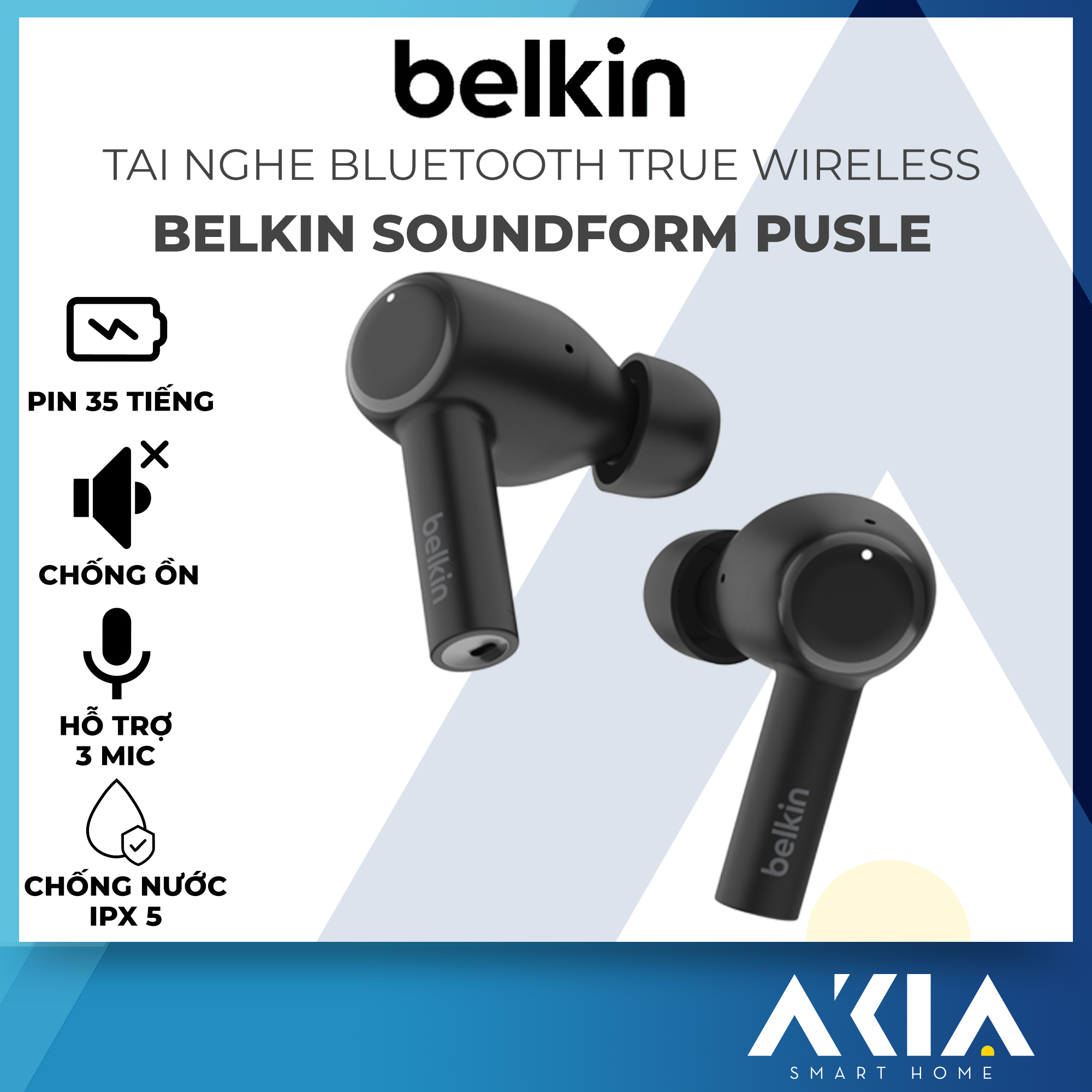 Tai nghe Bluetooth True Wireless SOUNDFORM PULSE BELKIN - Khử tiếng ồn, Dung lượng pin lớn, Chống nước IPX5 - Hàng chính hãng