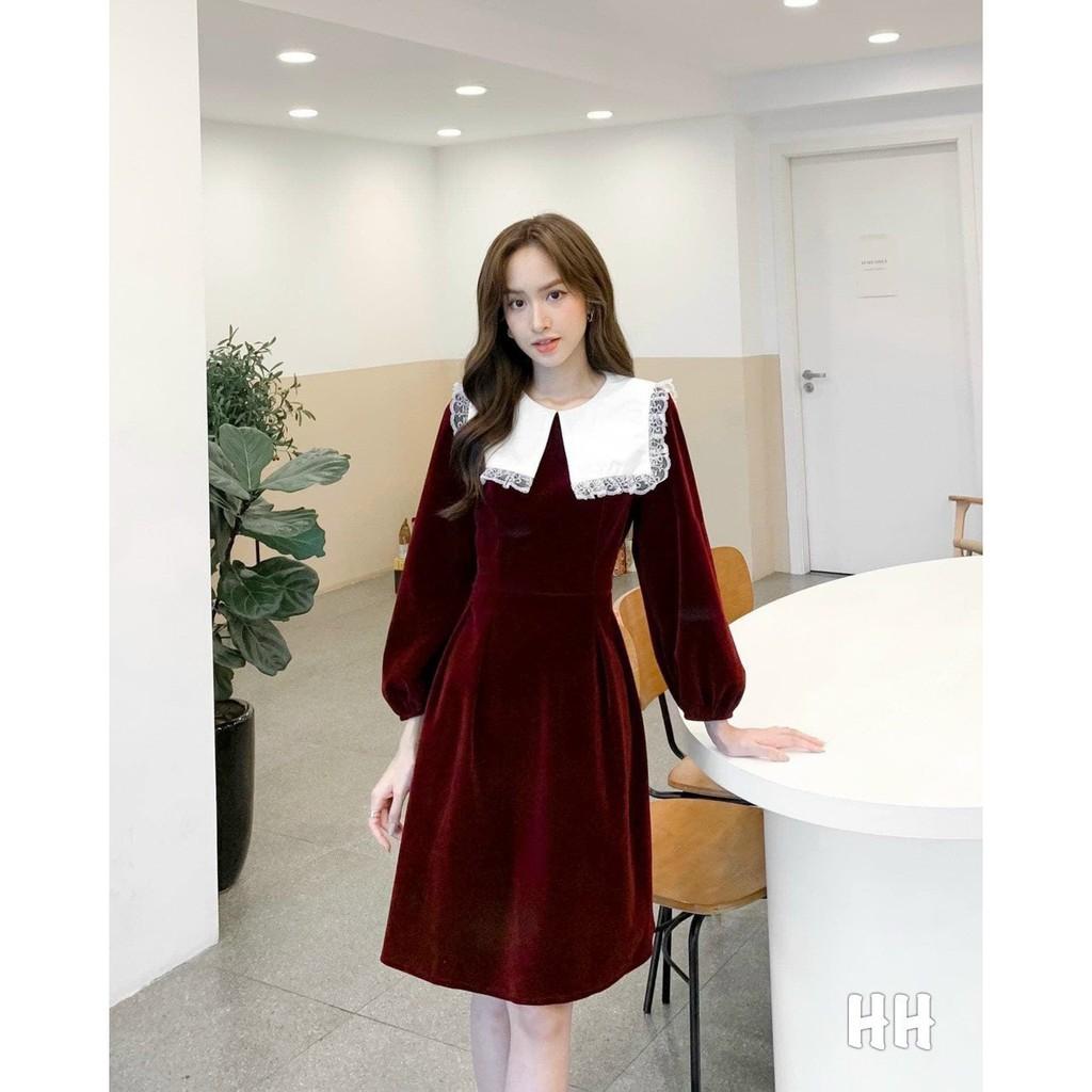 VÁY NHUNG ĐỎ CỔ TRẮNG MẸ CON