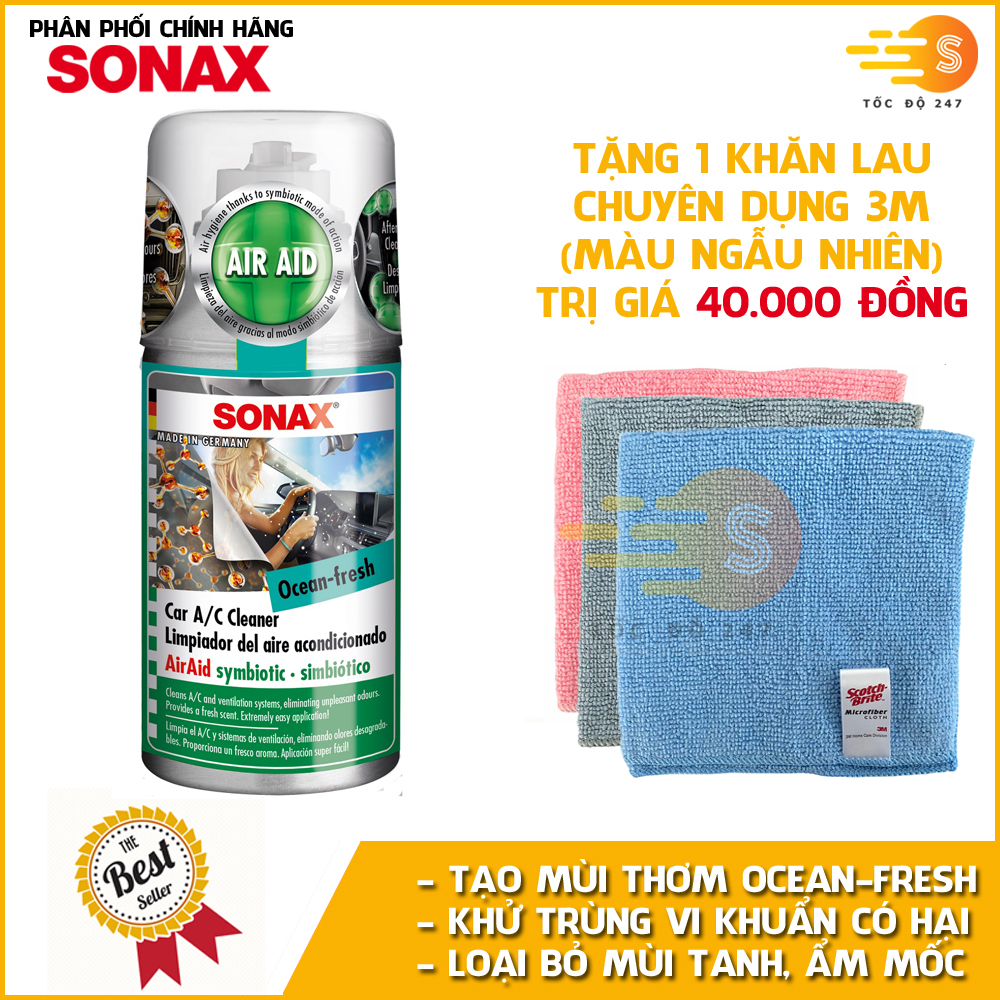 Chai xịt khử mùi và khử trùng máy lạnh mùi Ocean-Fresh Sonax 323600 100ml - tặng 1 khăn 3M màu ngẫu nhiên - làm sạch bầu không khí trong xe, bảo vệ sức khỏe, loại bỏ vi khuẩn gây hại