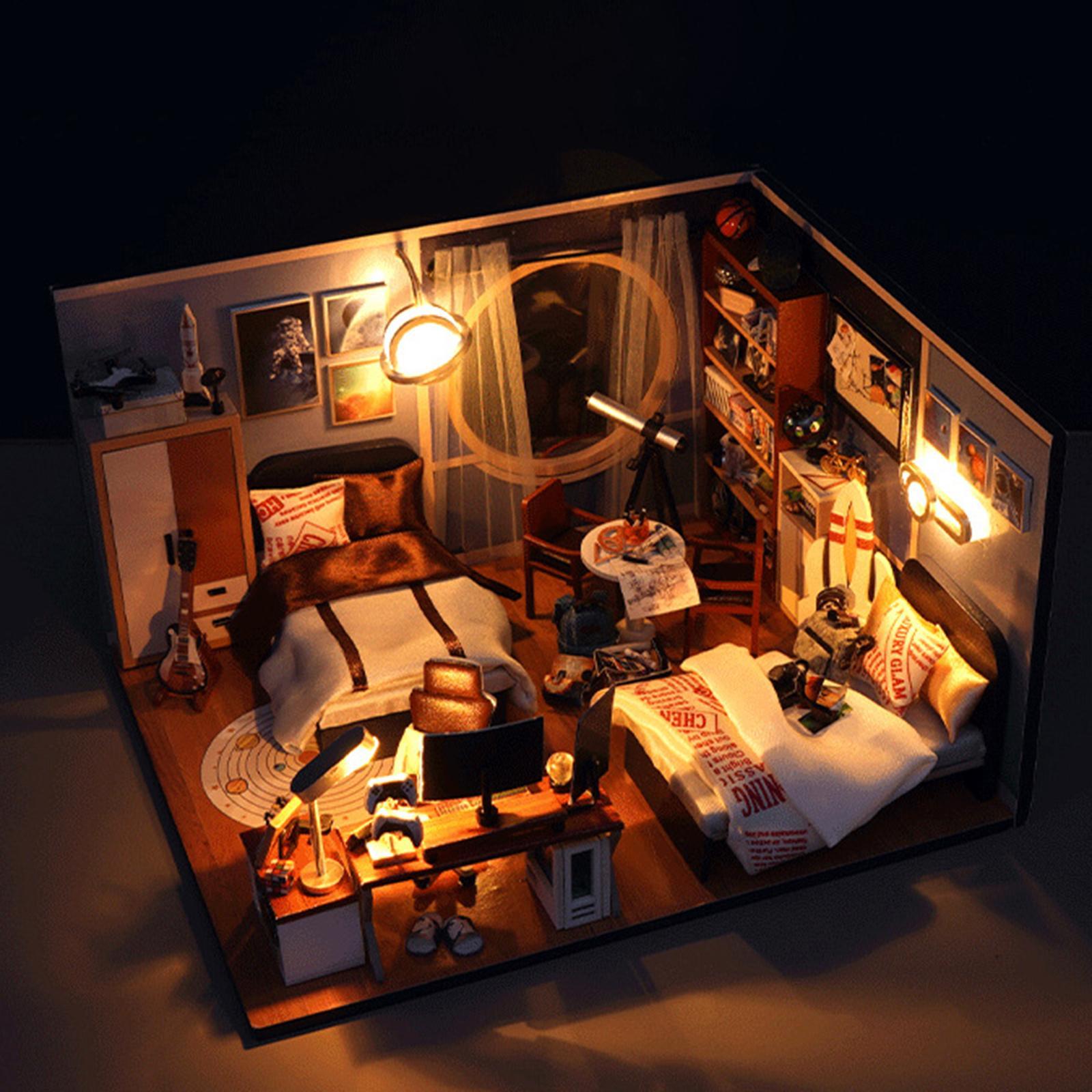 Wooden Miniature Dollhouse Kits Fashion with Lights Artwork Creative Bedroom