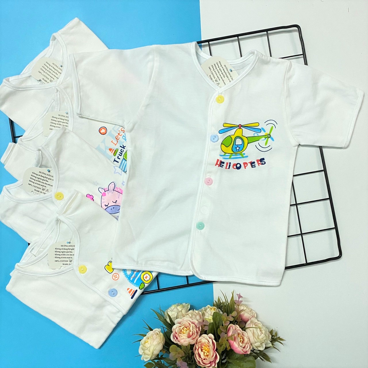 Set 5 áo sơ sinh cotton tay ngắn cài nút giữa trắng J-Tomtom Baby cho bé trai, bé gái - Giao hình ngẫu nhiên