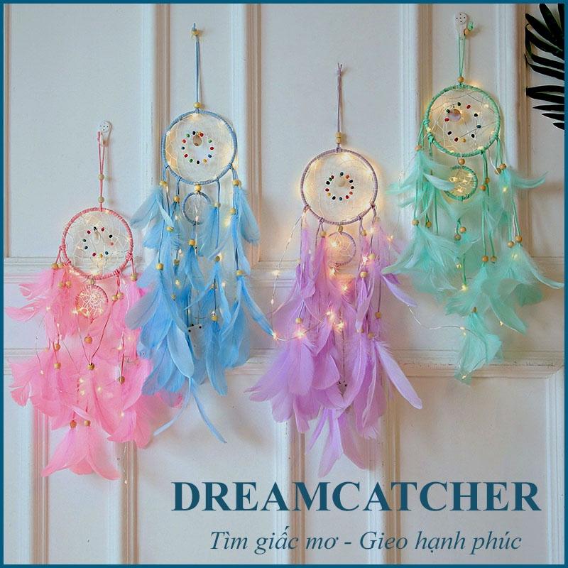 Dreamcatcher Lông Vũ Có Đèn LED Treo Tường Trang Trí Phòng Ngủ Tặng Kèm Móc Dán Tường