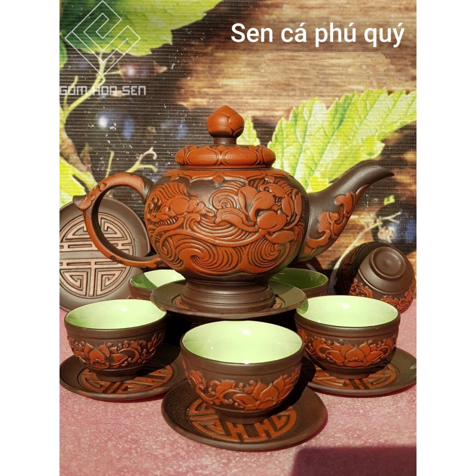 Bộ ấm chén họa tiết sen cá phú quý