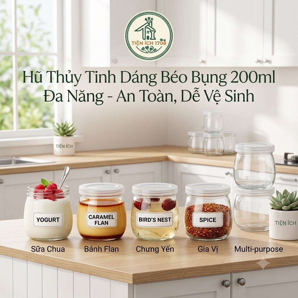 Hũ thủy tinh làm sữa chua 200ml dáng béo bụng , hũ thủy tinh đựng hương liệu, mật ong, làm sữa chua - Set 12 hũ