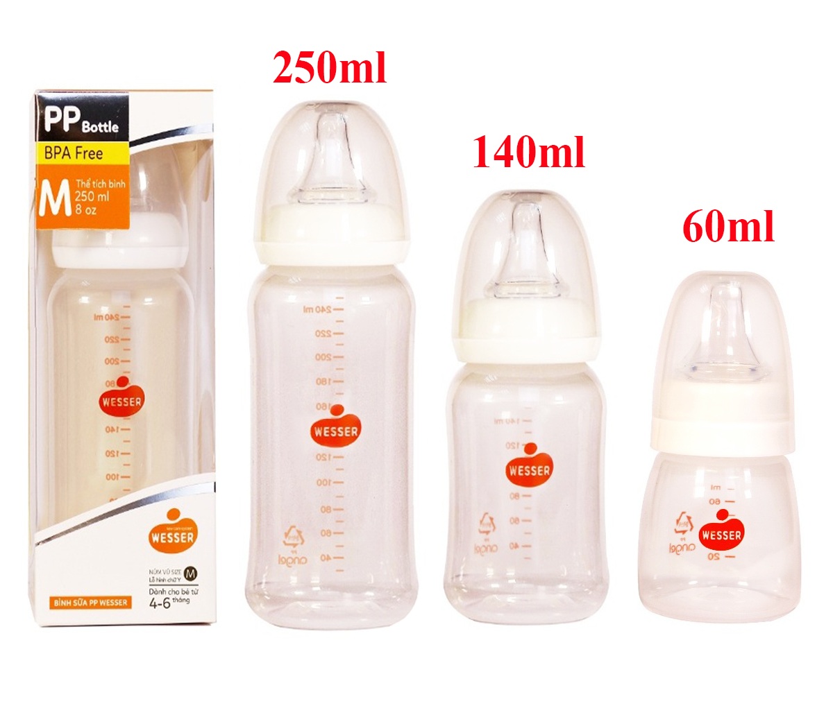 BÌNH SỮA PP CỔ HẸP WESSER 60ML MẪU MỚI 