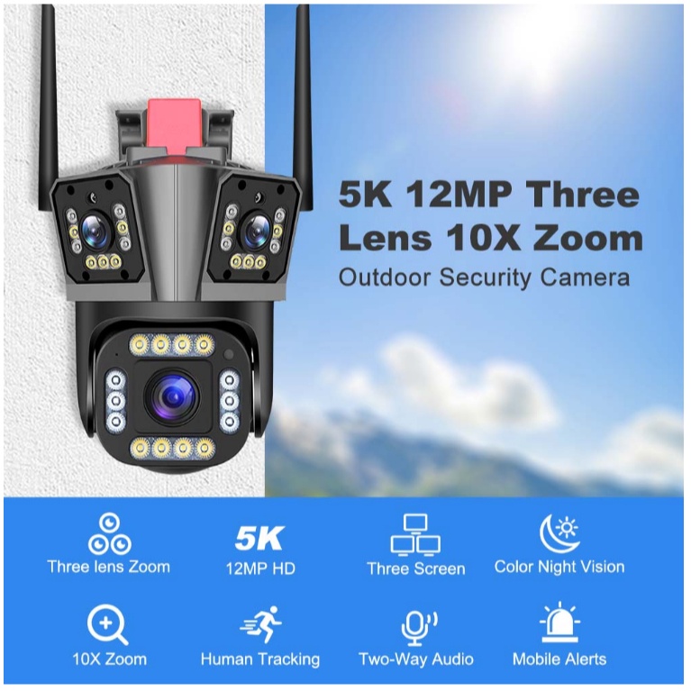 Camera IP Wifi 3 mắt 5K 4MP WiFi IP 10X Zoom 3 Ống Kính 3 Màn Hình Ngoài Trời PTZ Tự Động Theo Dõi Chống Nước - Hàng nhập khẩu