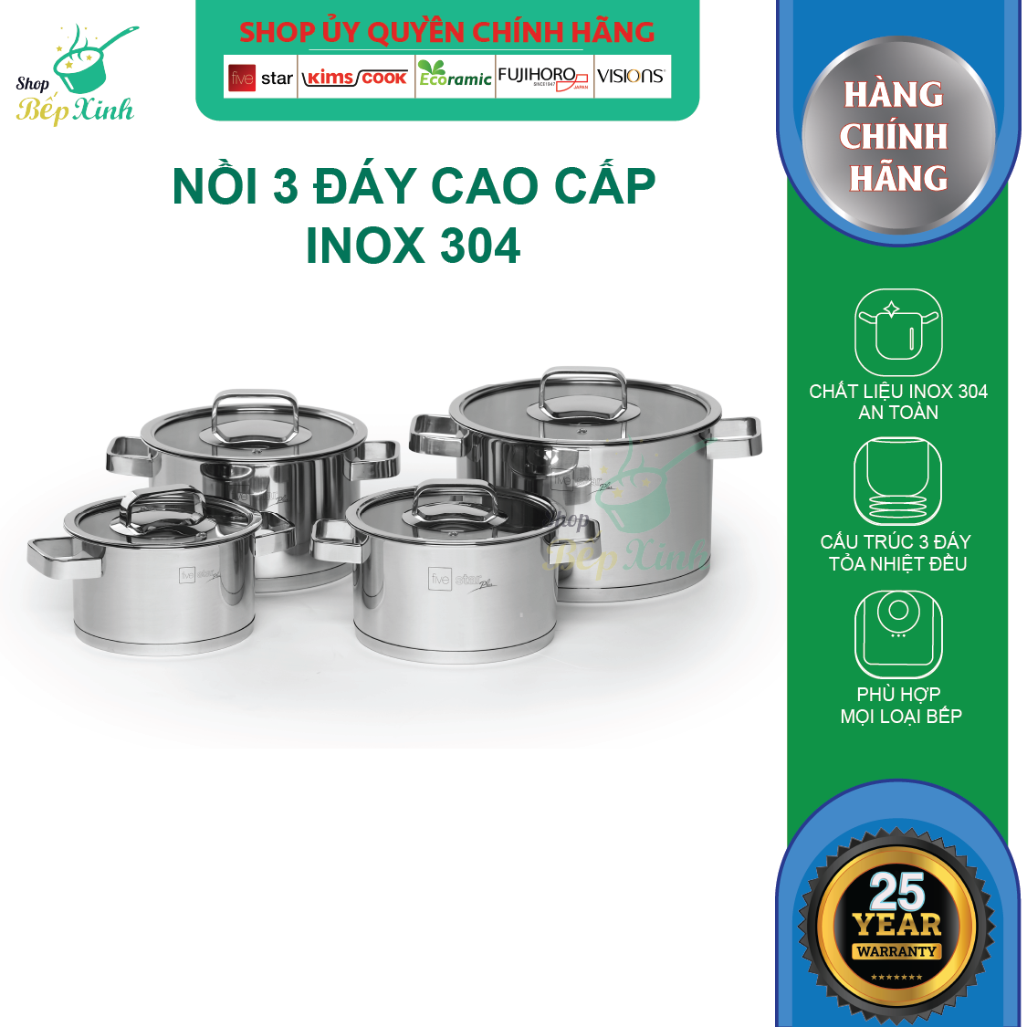 Bộ nồi inox đáy từ cao cấp FiveStar Plus FS08CG-304 nắp kính 4 chiếc,inox 304 , tặng 1 vá canh