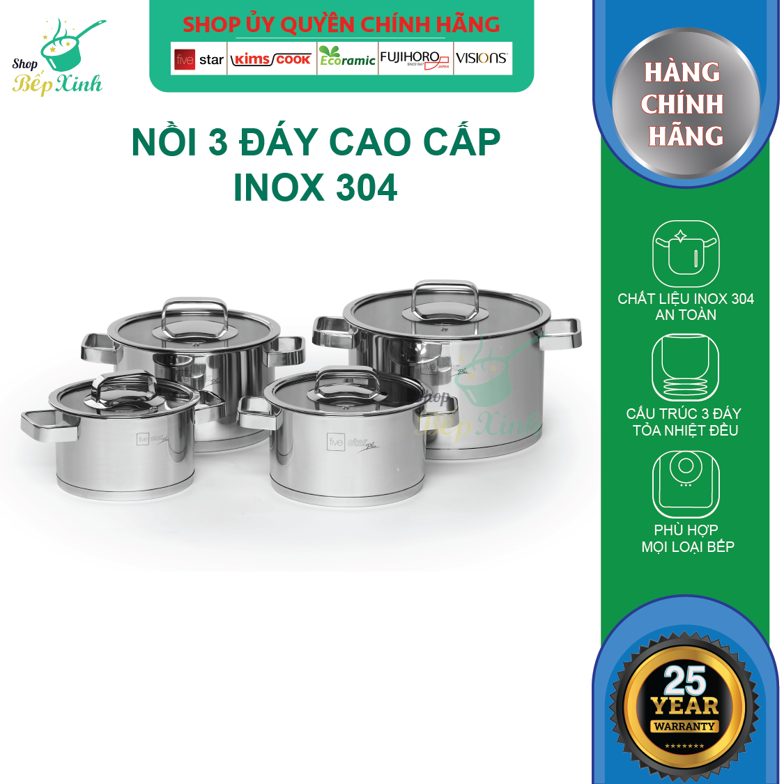 Bộ Nồi Inox 304 Cao Cấp Fivestar 3 Đáy Từ 4 Món Nắp Kính