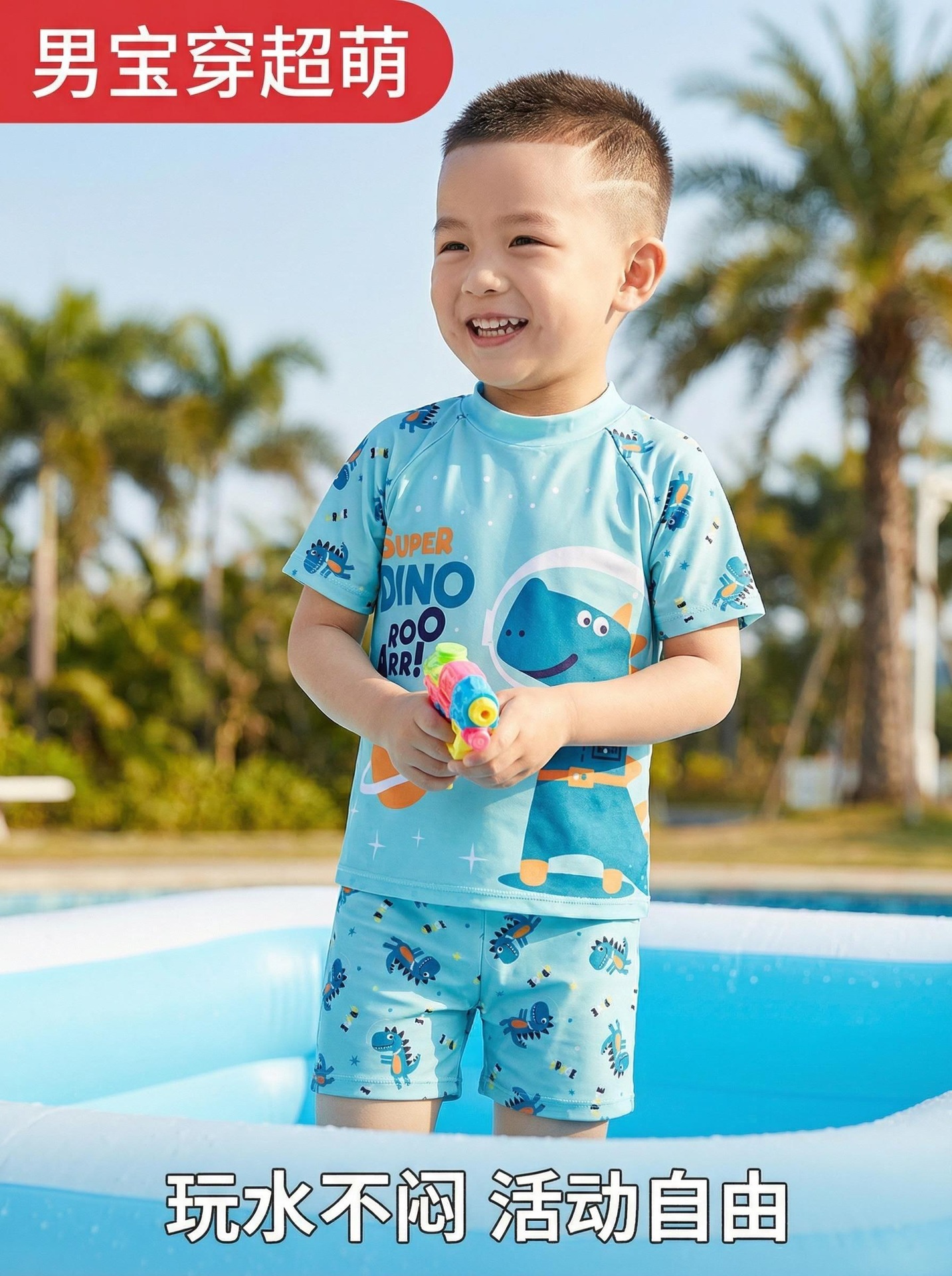 Bộ đồ bơi rời đùi khủng long cho bé vải thun lạnh co giãn kèm nón bơi chống nắng