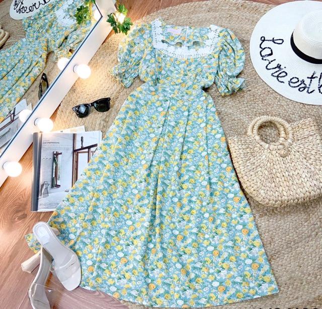 Đầm hoa cổ U viền ren phối tay bo chun