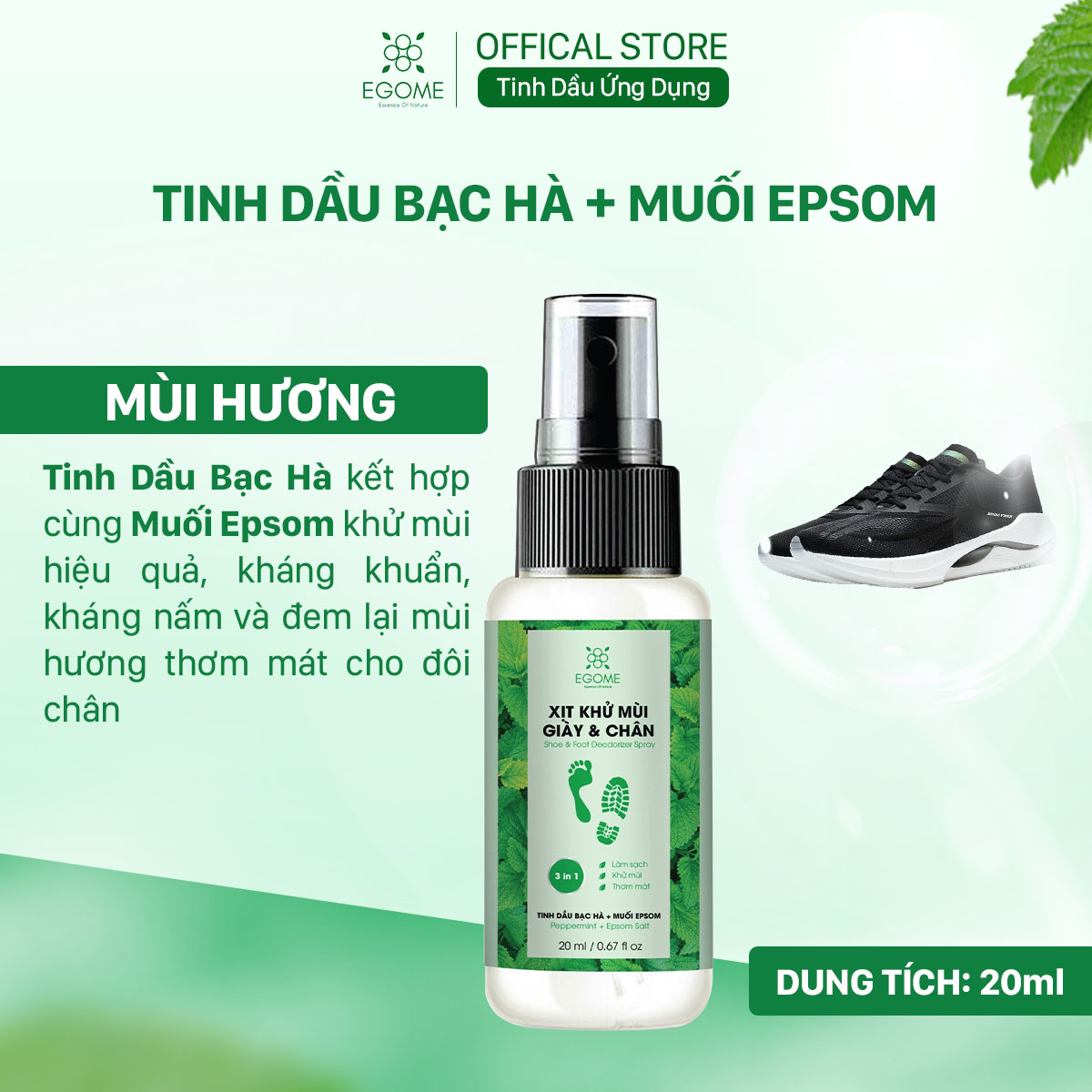 Xịt Khử Mùi Giày Và Chân Egome Tinh Dầu Bạc Hà làm sạch và thơm mát 20ml