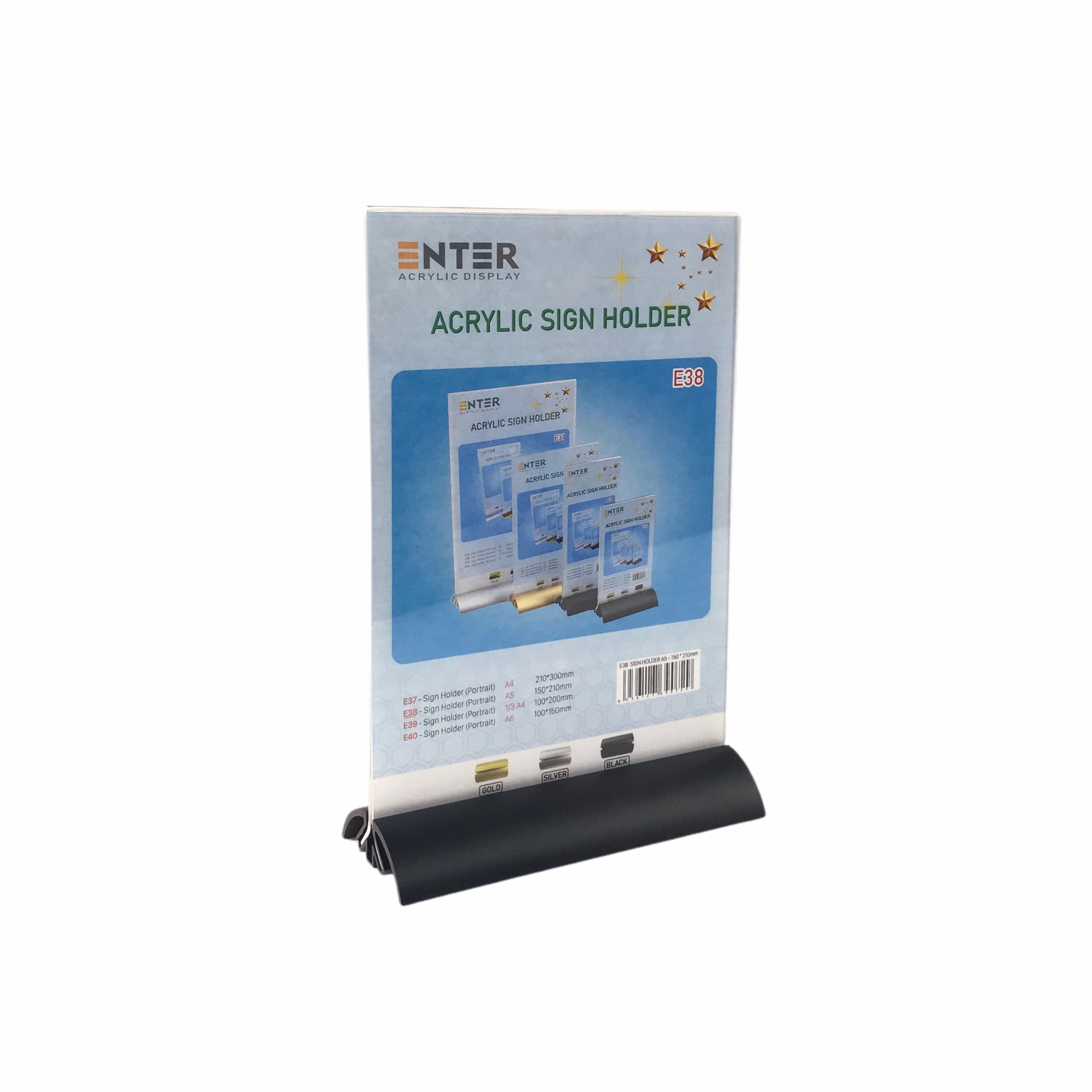 Kệ menu nhà hàng, Standee mica để bàn, Bảng quét mã QR Code, Kệ mica 2 mặt Enter E38 150x210mm đế nhôm cao cấp A5