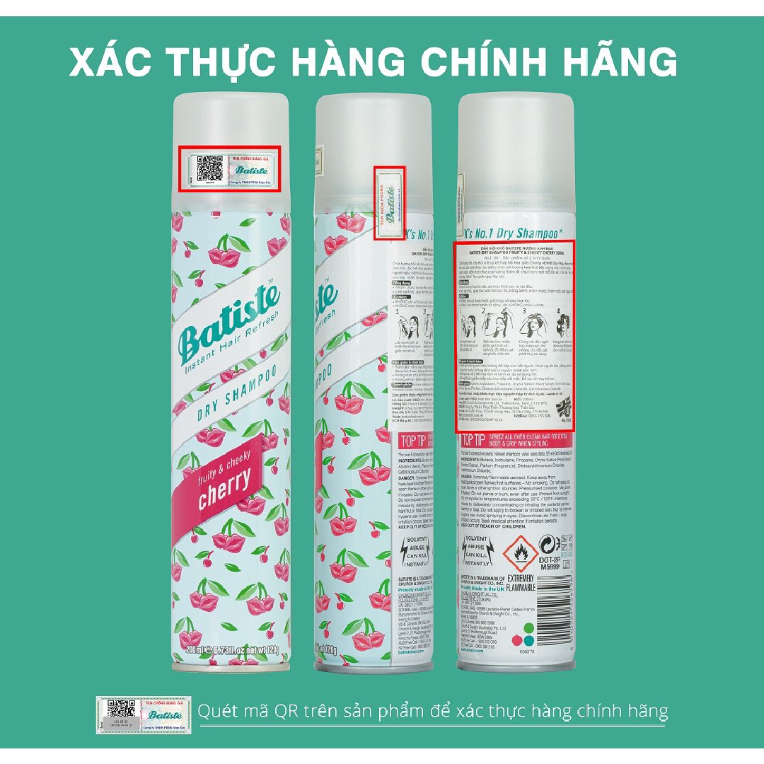 Combo 2 Chai Dầu Gội Khô Batiste Cho Tóc Hết Bết, Dính Bồng Bềnh Tức Thì 200ml (Cherry+Blush)