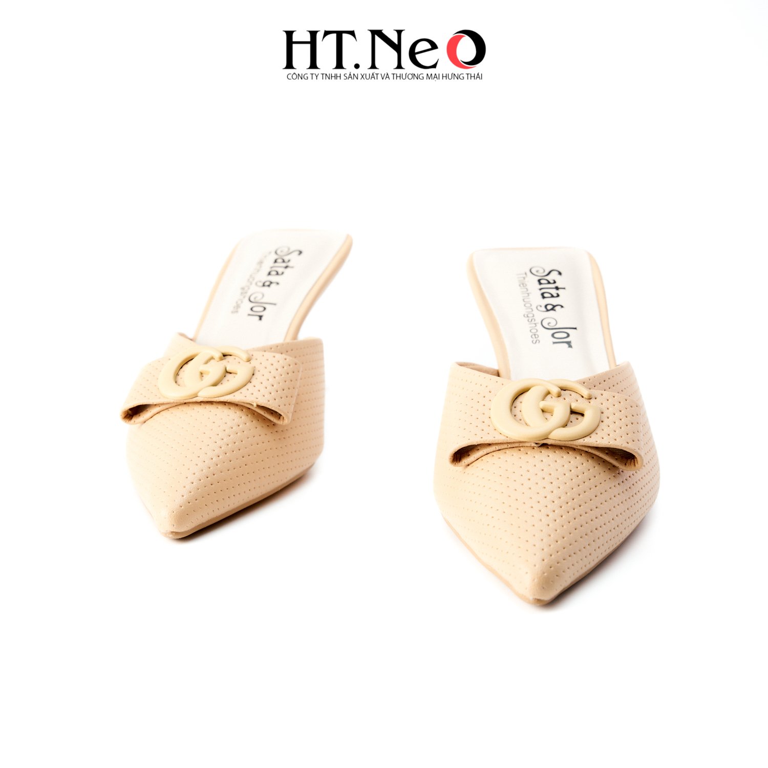 Sục nữ HT.NEO gót nhọn, sandal nữ gót nhọn mũi nhọn thiết kế trẻ trung với khuy GG, da cao cấp, đi cực êm chân, thoải mái, cực dễ đi, đi êm chân SDN143