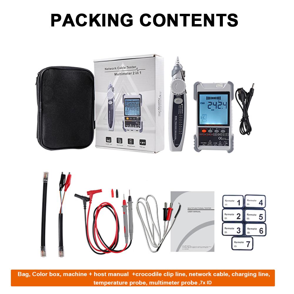 Handheld Portable 2in1 Network Cable Tester Multimeter LCD Display with Backlight Analogs Digital Search POE Test Cable Pairing Sensitivity Adjustable Network Cable Length Short Open Circuit Measure Trackers Multifunctional Cable Tester