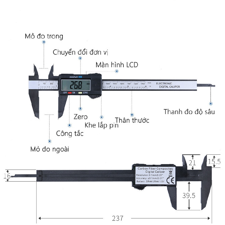 thước kep điện tử sợi carbon 0-150mm