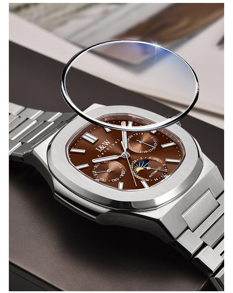 Đồng hồ nam chính hãng I&W CARNIVAL 55886G-4 mặt nâu size mặt 42mm,kính sapphire ,chống nước 50m,dây thép không gỉ
