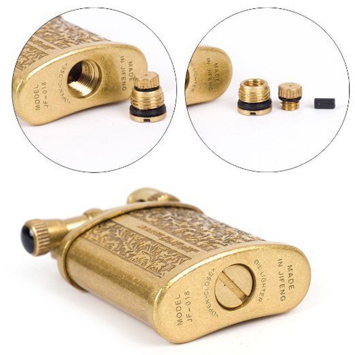 Combo Hộp Quẹt Bật Lửa Xăng Đá Hoa Văn JF-018A Đánh Lửa Nhạy + Tặng Trọn Bộ Xăng Bấc Đá Chuyên Dụng Cho Bật Lửa