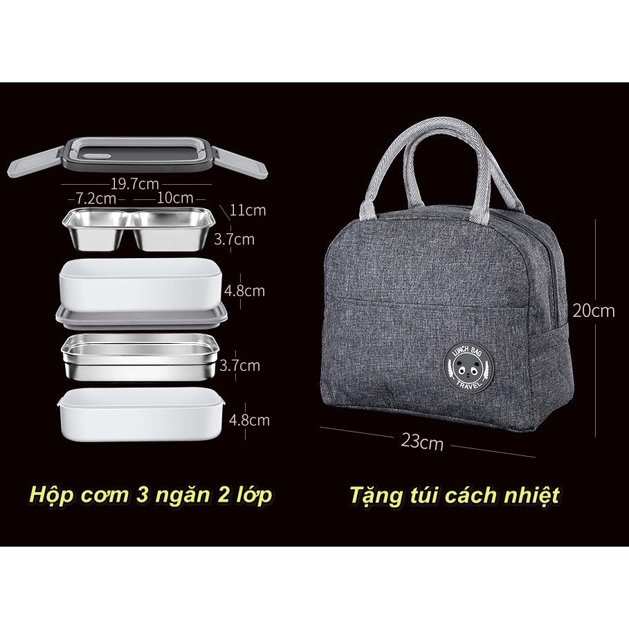 Hộp cơm 3 ngăn 2 tầng inox 304 SUS thép không gỉ dành cho văn phòng + Tặng kèm túi cách nhiệt 3 lớp - Home and Garden