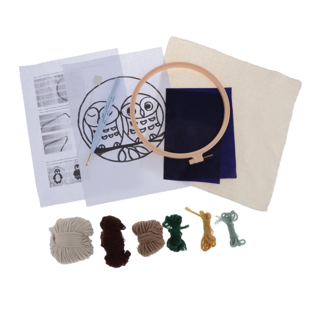 2pcs Cute Animal Owl Punch Needle Kits Hoop Soft Yarn DIY Needlework Set